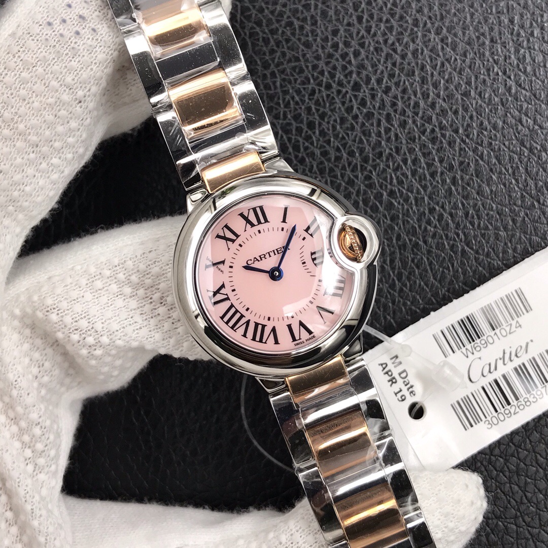 Cartier aF蓝气球系列石英女表,直径28mm.瑞士石英机芯，全精钢材质，防刮花蓝宝石水晶镜面，间金 粉贝壳面