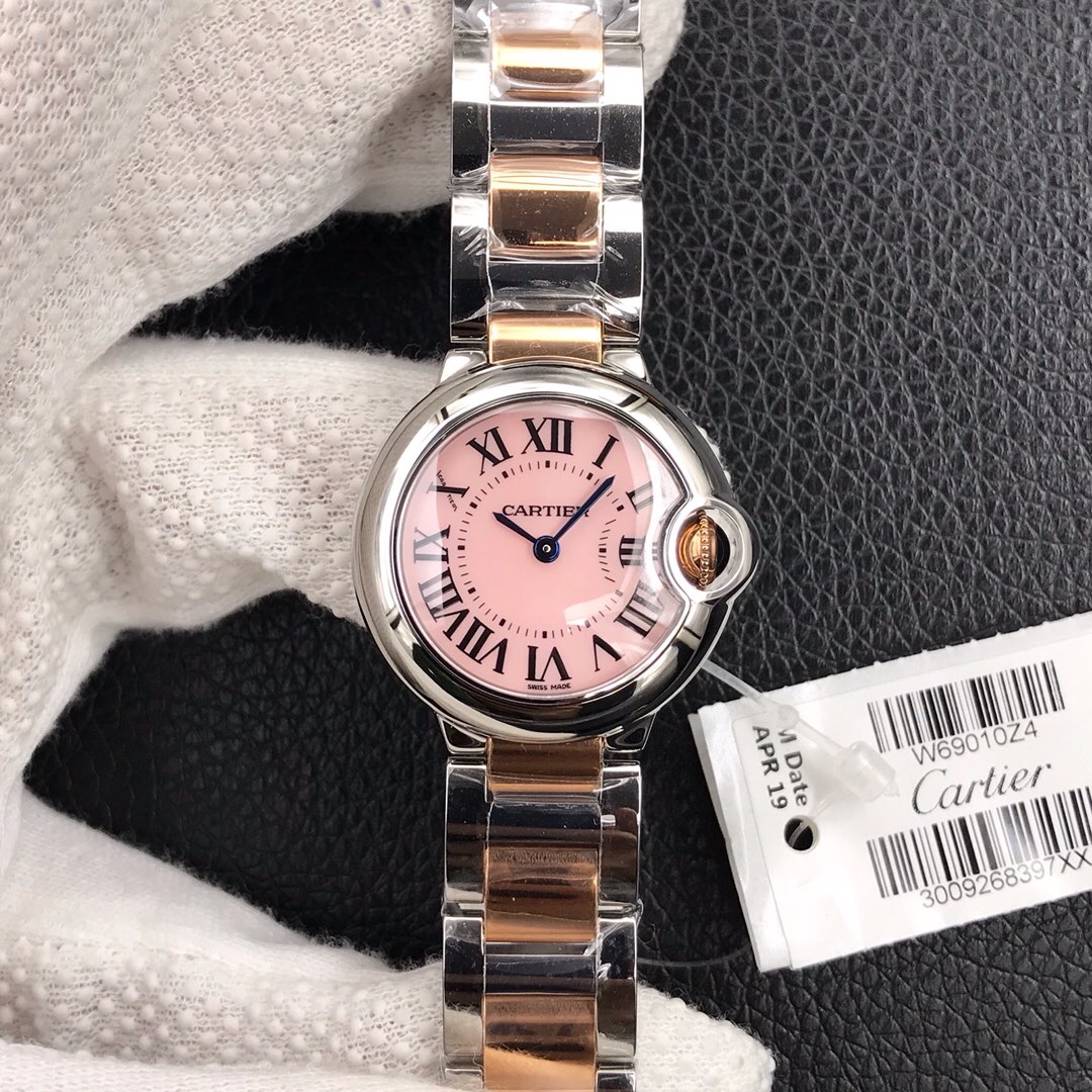 Cartier aF蓝气球系列石英女表,直径28mm.瑞士石英机芯，全精钢材质，防刮花蓝宝石水晶镜面，间金 粉贝壳面