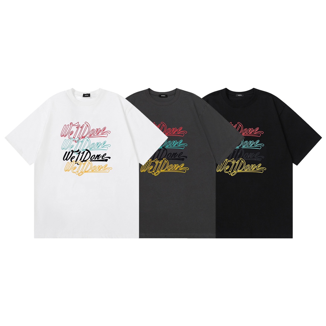 W062# WE11DONE nuevo estampado arcoíris logo manga corta camiseta holgada para parejas 230g algodón puro, cor…