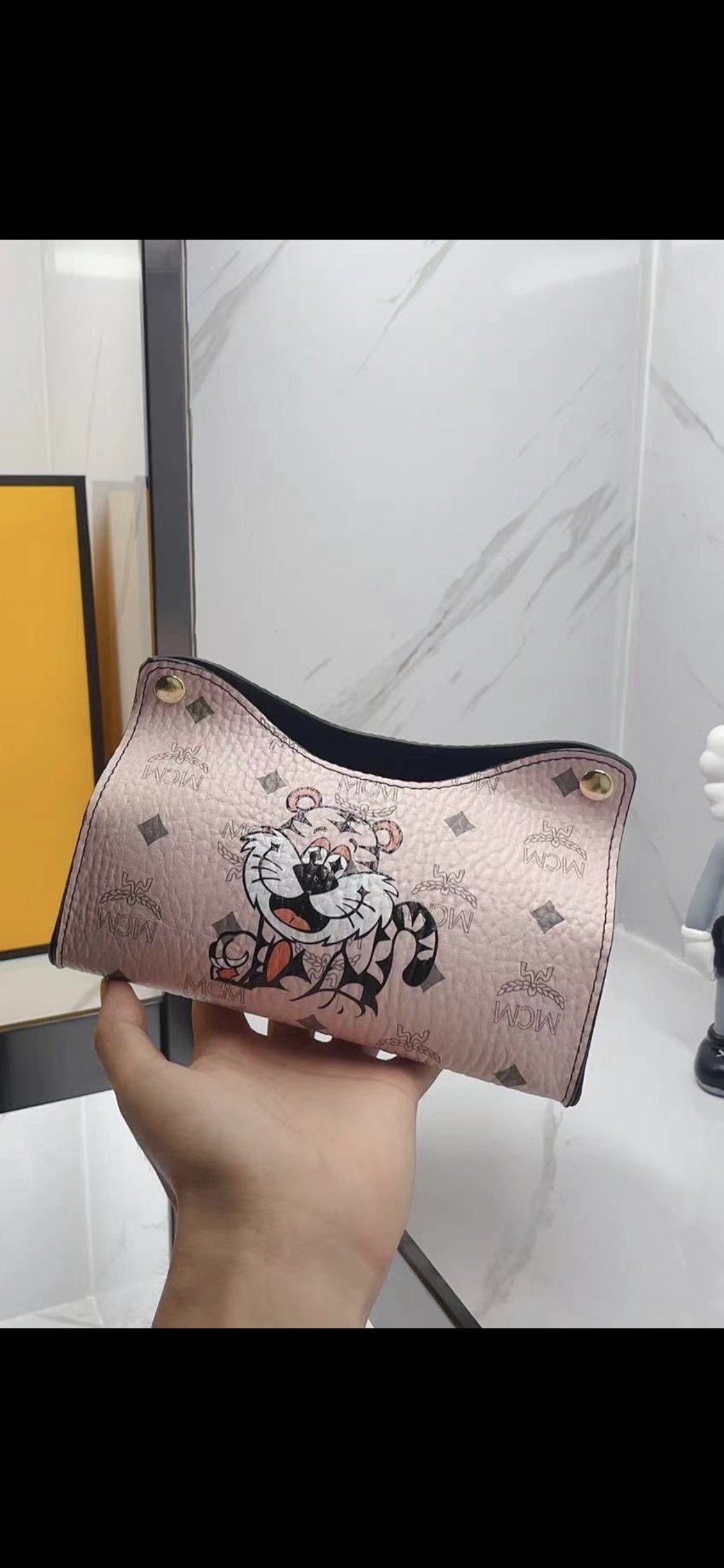 MCM leather tissue box front view