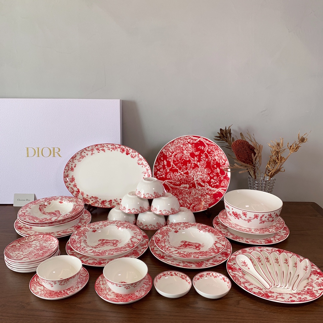 Dior Toile de Jouy Red Dinnerware Set - 41 Piece Bone China Dining Set
