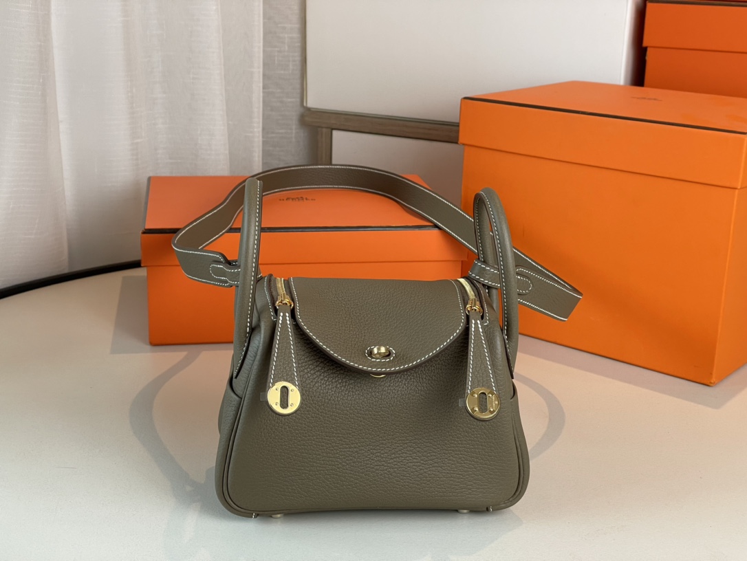 Hermes Lindy Crossbody & Shoulder Bags Elephant Grey Gold Hardware Mini