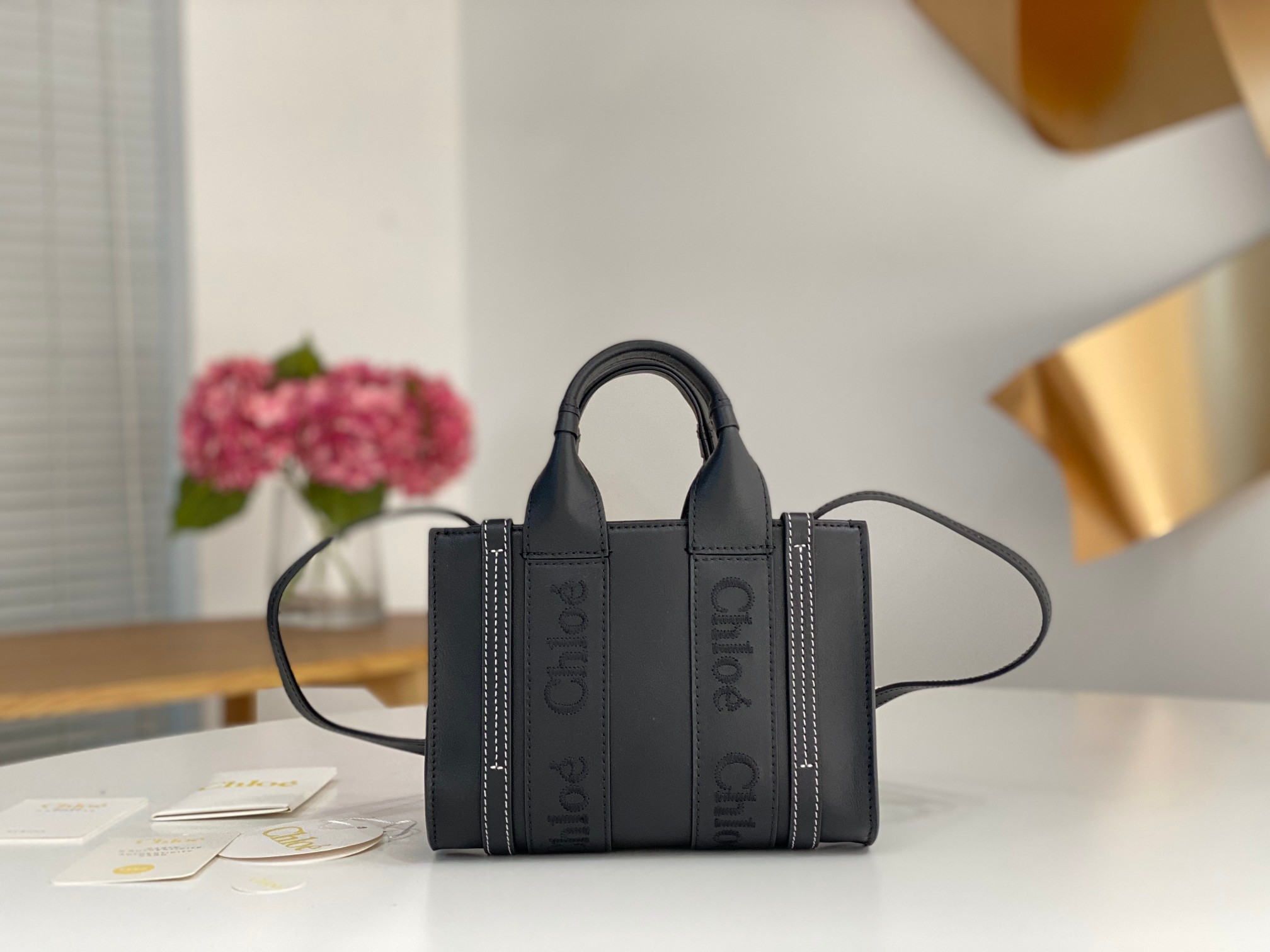 Online
 Chloe Store
 Handbags Tote Bags Black Embroidery Calfskin Cowhide Woody Mini