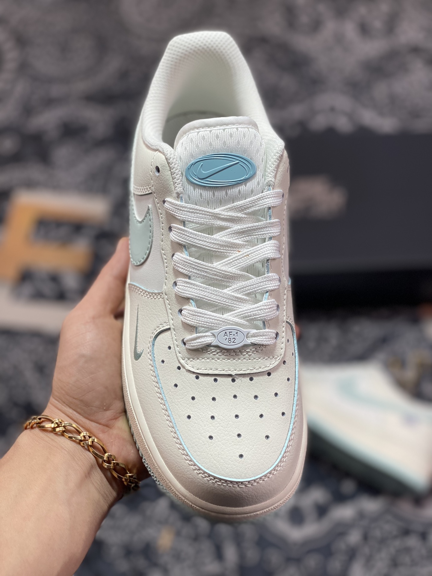 Nike Air Force 1 '07 Low QS”Sail White/Water Blue Mini Swoosh”空军一号板鞋“皮革米白水蓝小钩”FB1839-211