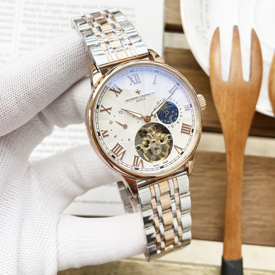 白壳480 玫壳500 钢带+20 江斯丹顿VACHERON CONSTANTIN 精品男士腕表，大飞轮月像设计，技艺精湛，独具匠心，尊贵大气，绅士风范。自动机械机芯，顶级316精钢表壳表带，矿物质超强镜面，尺寸41-13