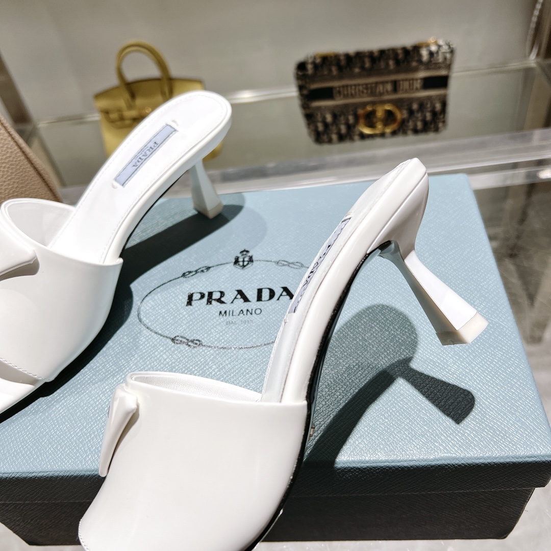 Prada Women's High Heel Square Toe Mules Sandals with Logo,White 9 i1677497273 3314 7