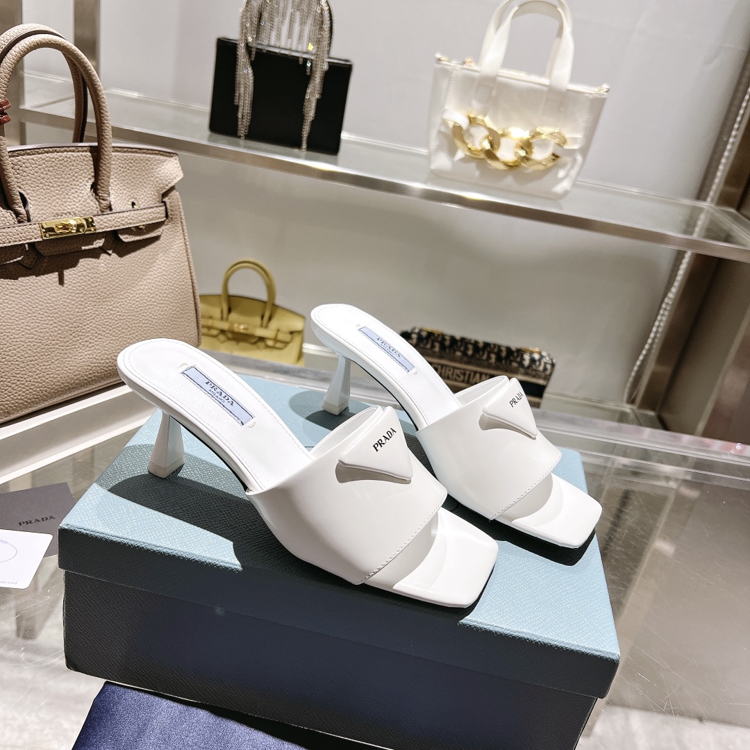 Prada Women's High Heel Square Toe Mules Sandals with Logo,White 2 i1677497273 4062 4