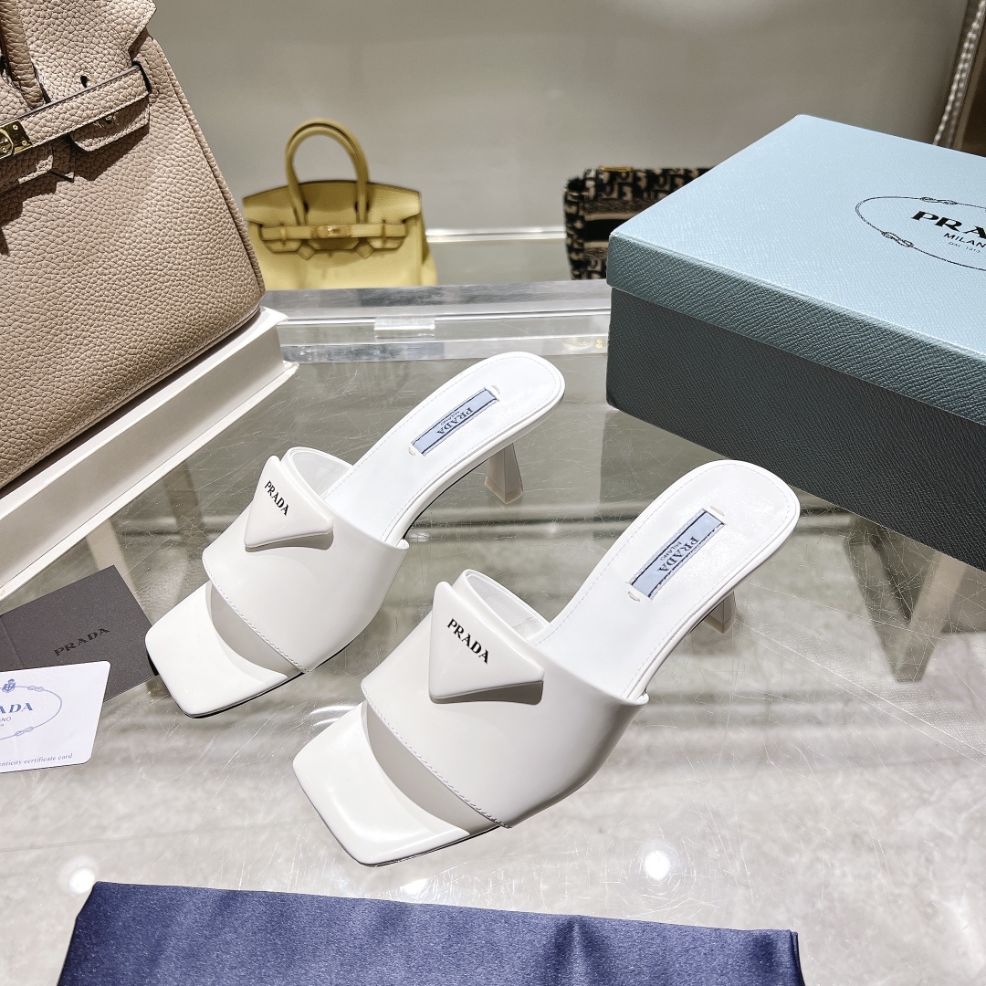 Prada Women's High Heel Square Toe Mules Sandals with Logo,White 6 i1677497273 5779 3