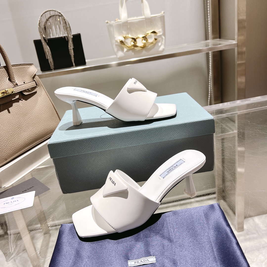 Prada Women's High Heel Square Toe Mules Sandals with Logo,White 7 i1677497273 9215 5