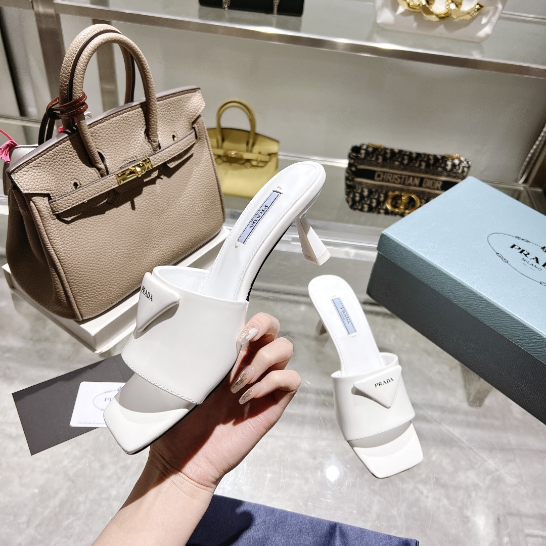 Prada Women's High Heel Square Toe Mules Sandals with Logo,White 4 i1677497273 935 1