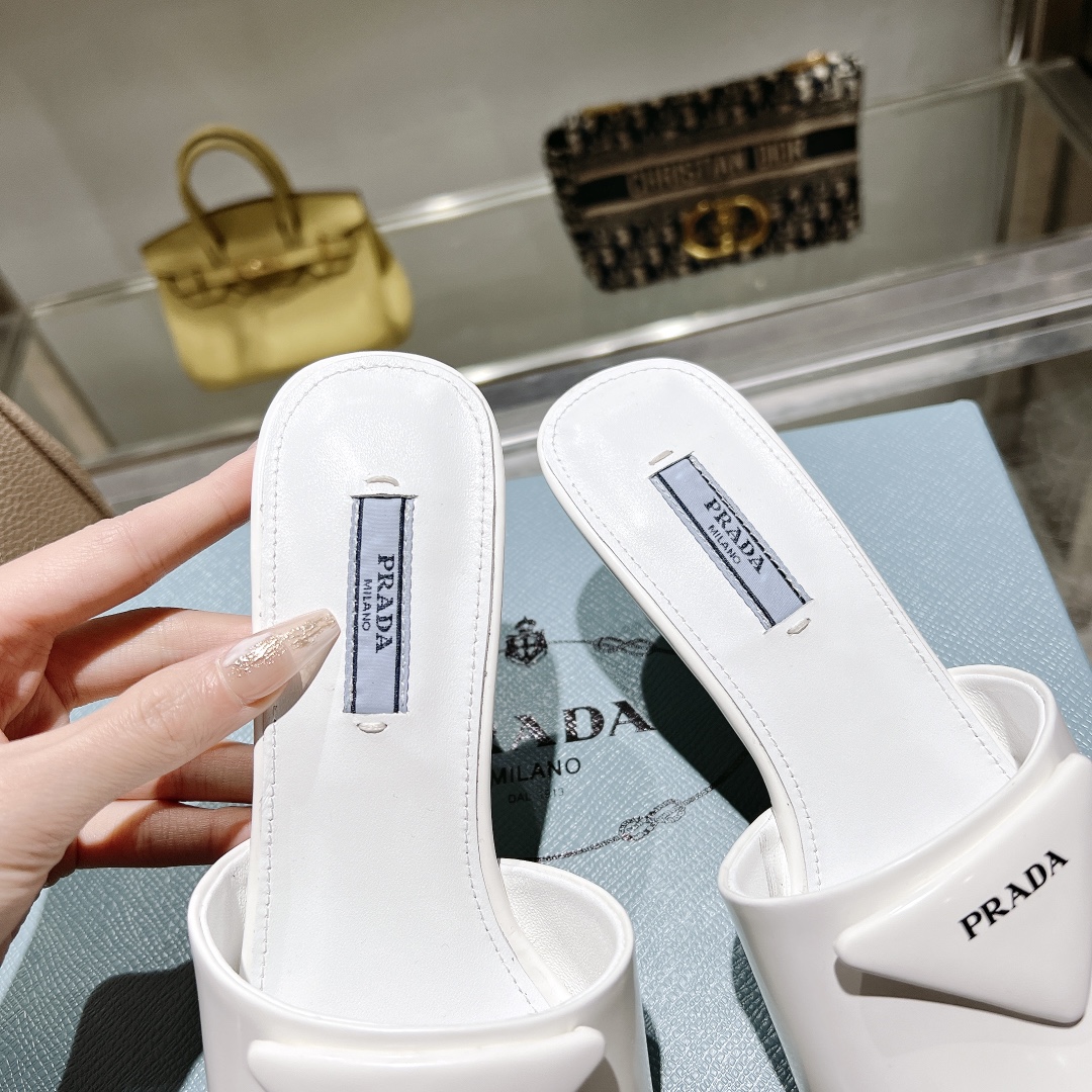 Prada Women's High Heel Square Toe Mules Sandals with Logo,White 8 i1677497273 940 6