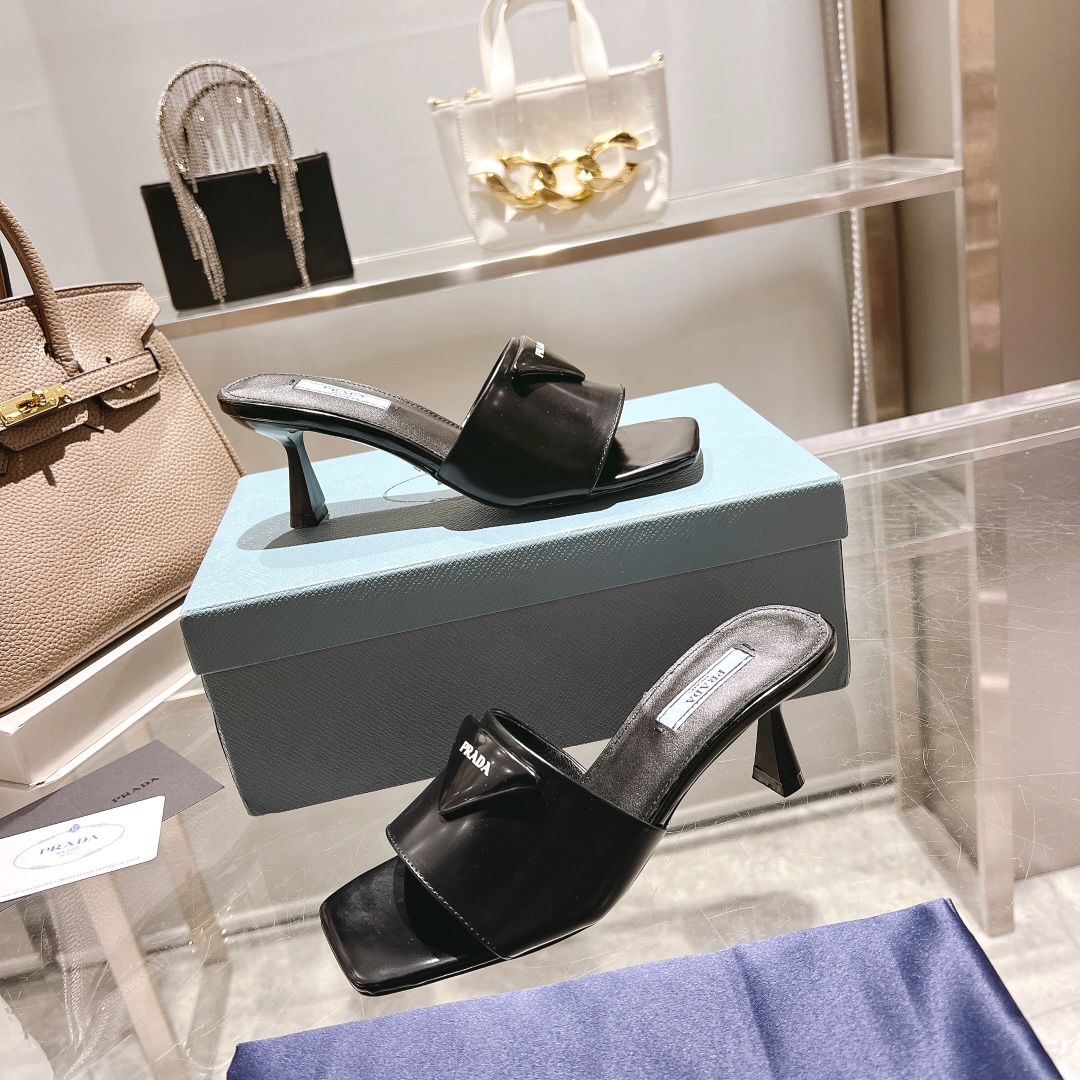 Prada 2023SS High Heel Square Toe Sandals with Triangle Logo - Black 7 i1677497314 1659 5