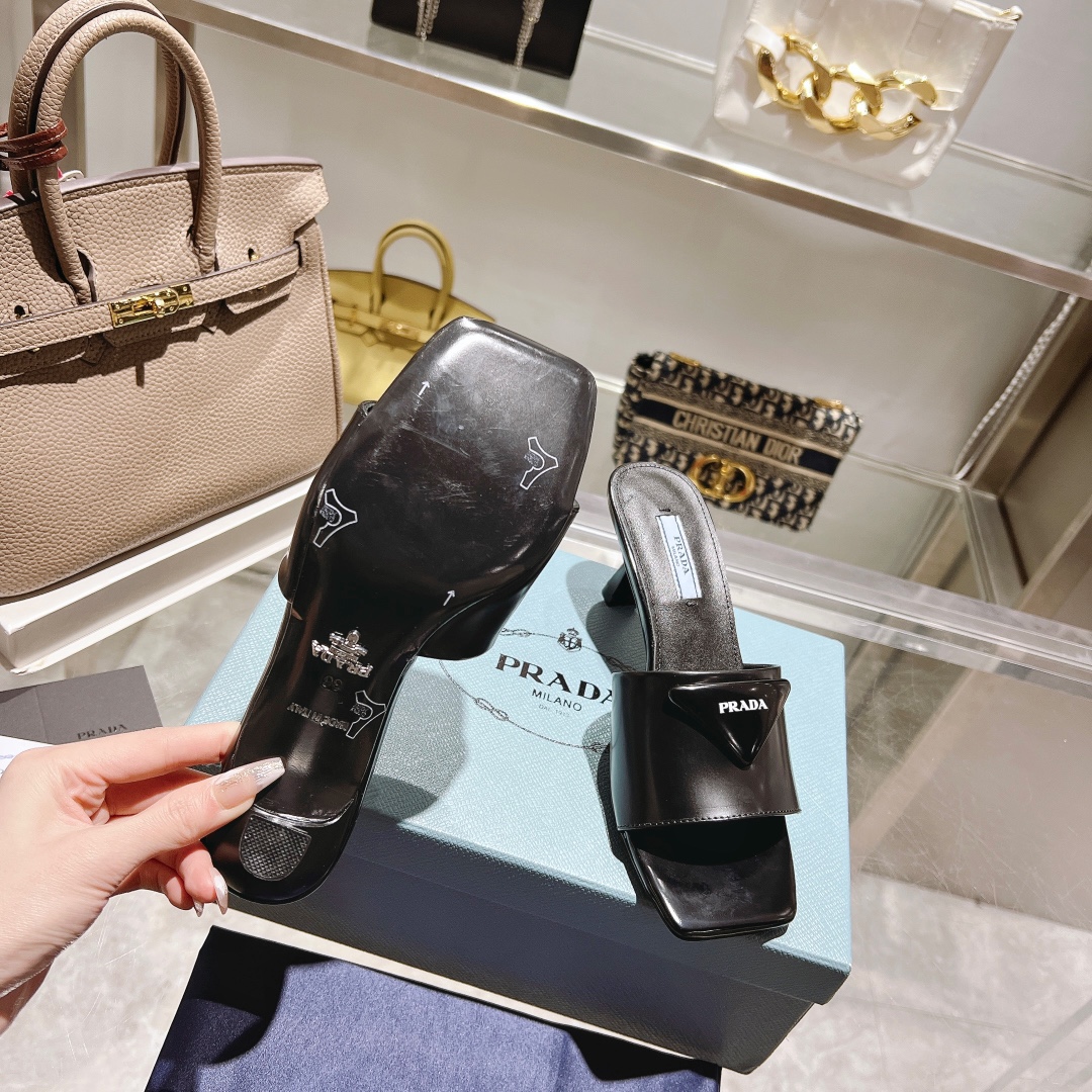Prada 2023SS High Heel Square Toe Sandals with Triangle Logo - Black 10 i1677497314 5029 8