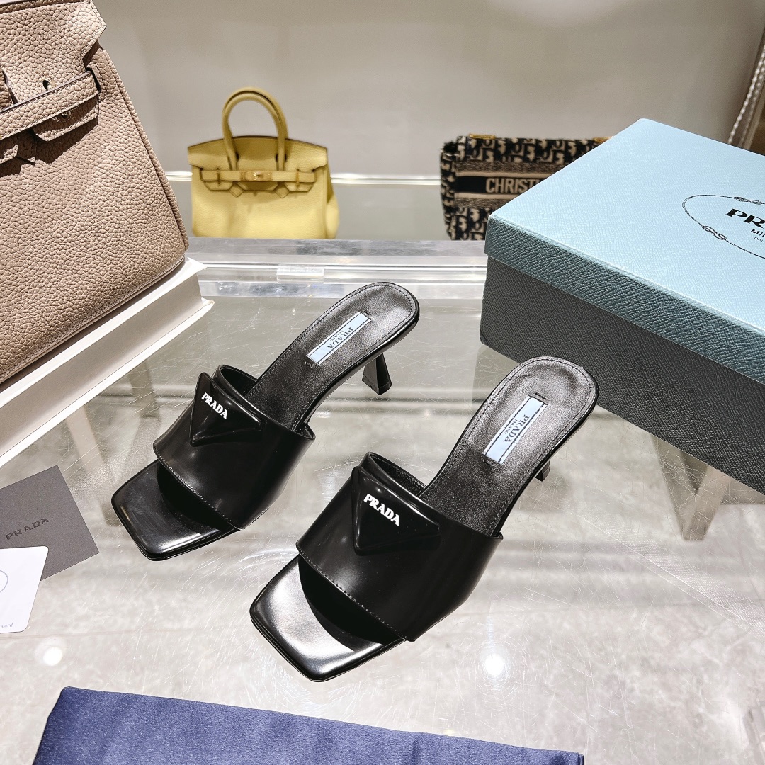 Prada 2023SS High Heel Square Toe Sandals with Triangle Logo - Black 6 i1677497314 9643 3