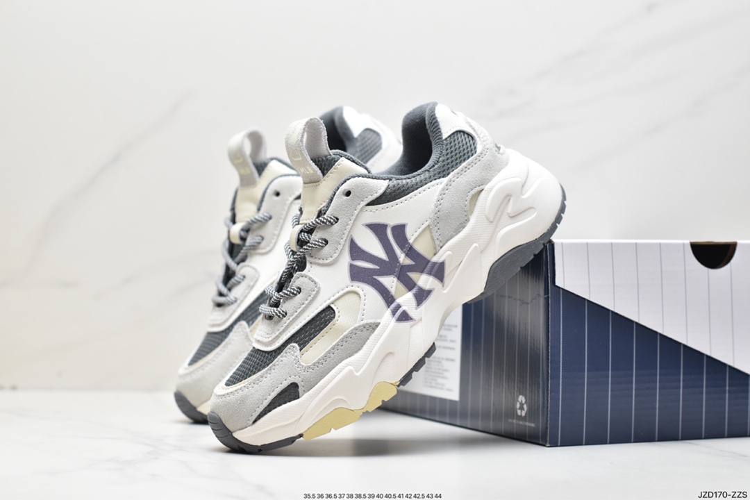 Korea Korea x MLB Big Ball Chunky A Running thick-soled daddy thick-soled jogging shoes ”khaki gray milk white black NY print”