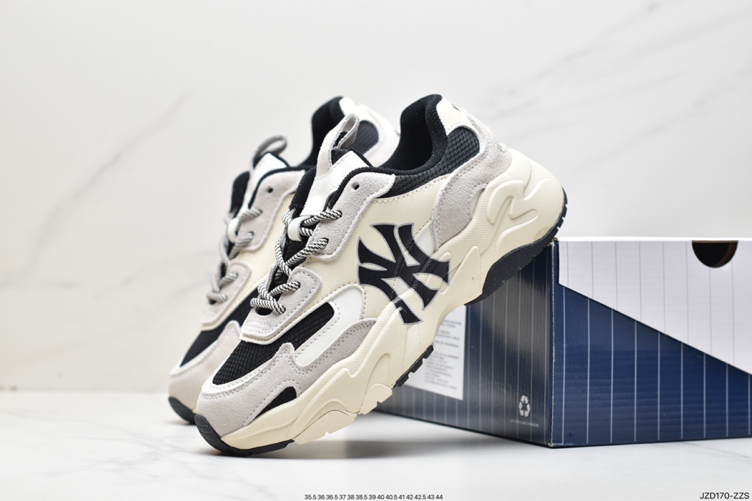 Korea Korea x MLB Big Ball Chunky A Running thick-soled daddy thick-soled jogging shoes ”khaki gray milk white black NY print”