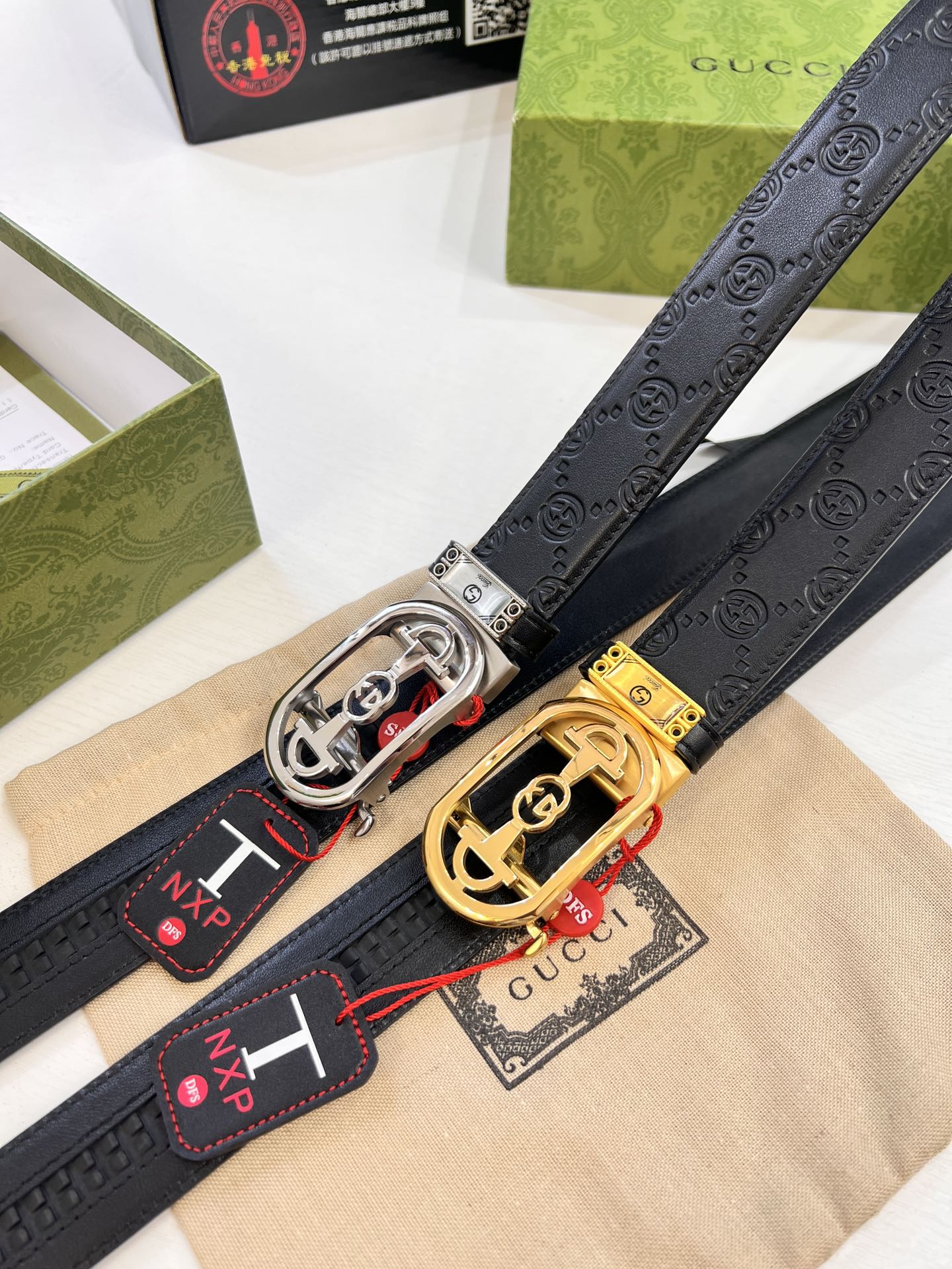古奇GUCCi自动扣皮带 最新款 GG压花头层牛皮 顶级品质商务正装 古奇自动皮带滑轨手感柔软