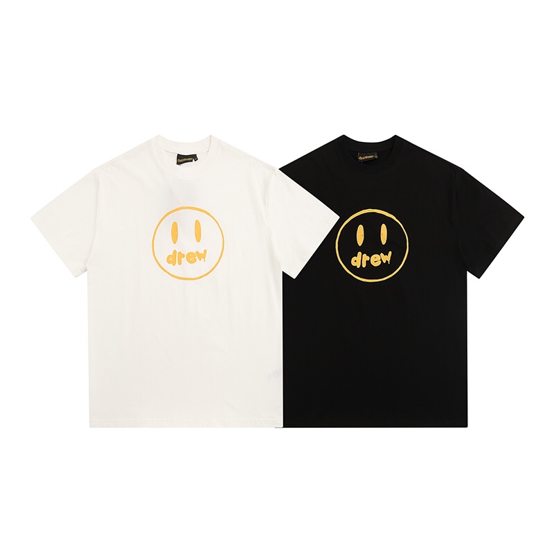 “DREW HOUSE Short Sleeve Smiles Tee in Black and White, 230g Pure Cotton Fabric”