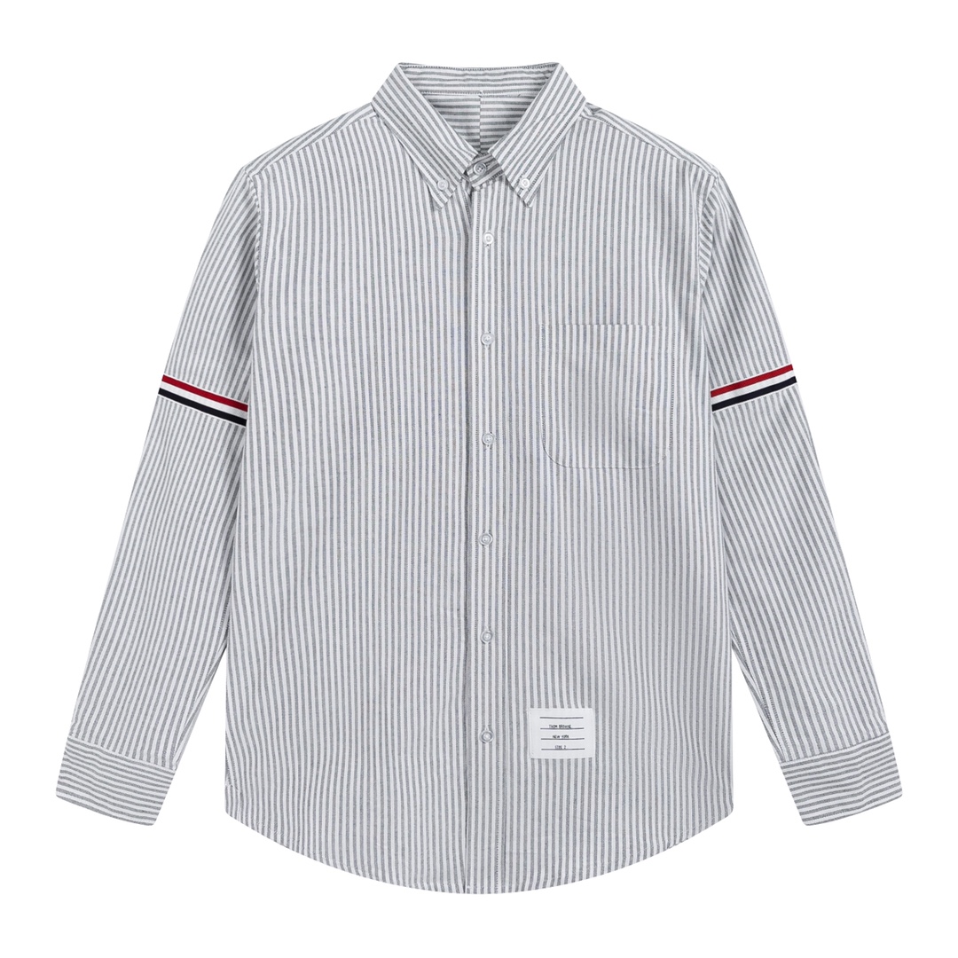 Tom Browne’s Classic Striped Oxford Swirl Shirt in Blue Grey, Sizes 0-4 - 图片 1