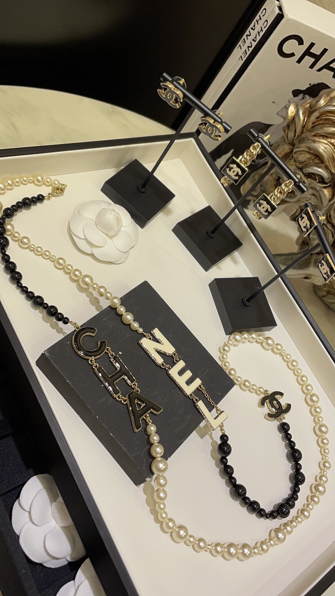 Chanel 22A新款黑白配色珐琅字母珍珠双C拼色珍珠毛衣链