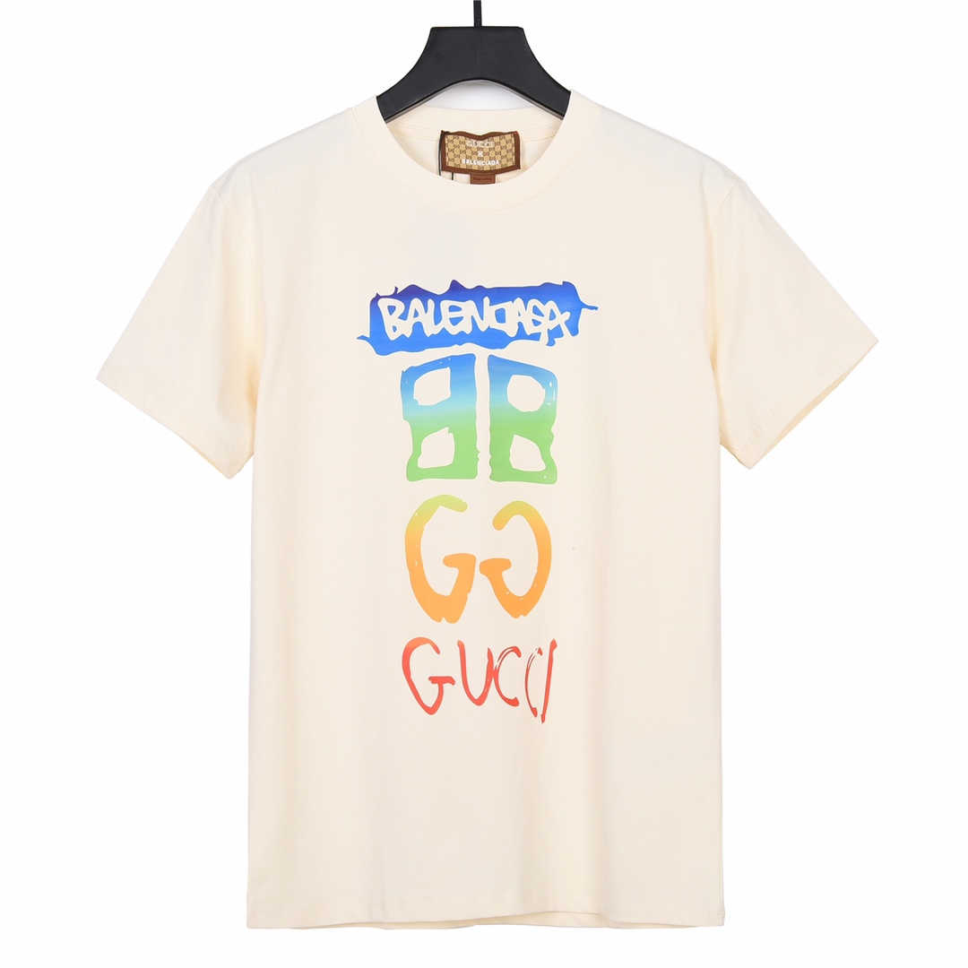 GUCCI BALENCIAGA 古驰联名巴黎世家彩绘字母logo短袖250克双纱