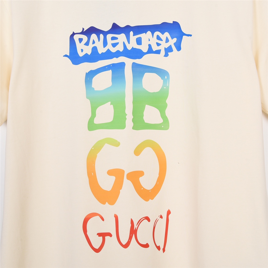 GUCCI BALENCIAGA 古驰联名巴黎世家彩绘字母logo短袖250克双纱