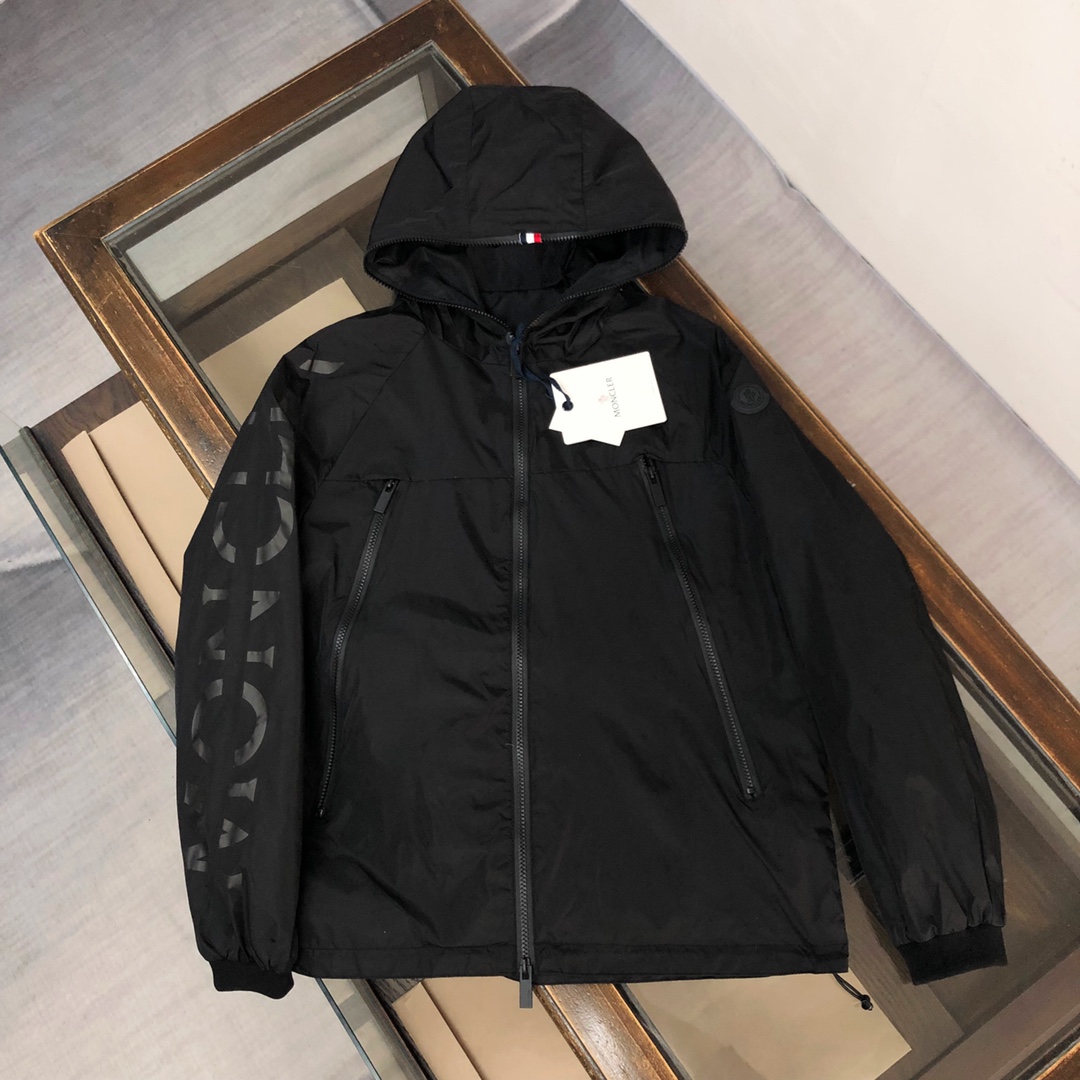 Moncler Clothing Coats & Jackets Windbreaker Black Green Engraving Nylon Spring/Fall Collection Fashion Hooded Top