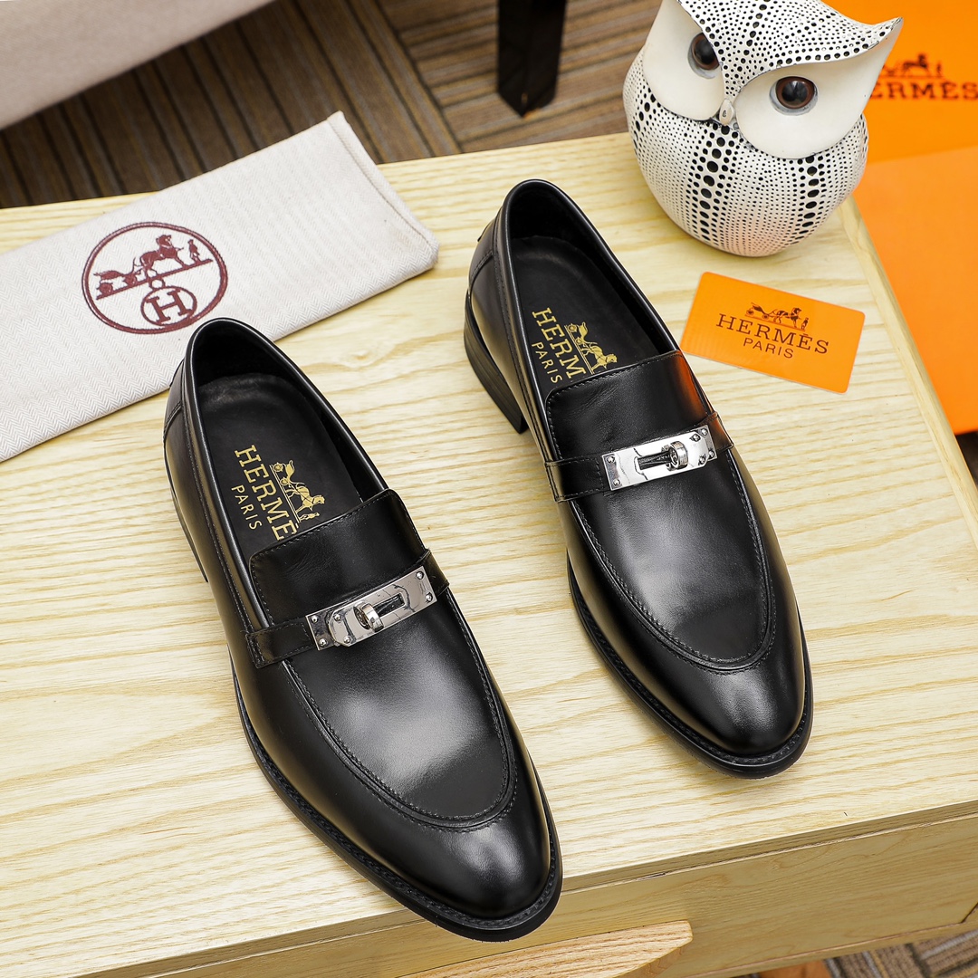 Hermes Men's Black Leather Loafers with Silver Hardware Size 39-44 1 Hermes Men's Black Leather Loafers with Silver Hardware Size 39-44