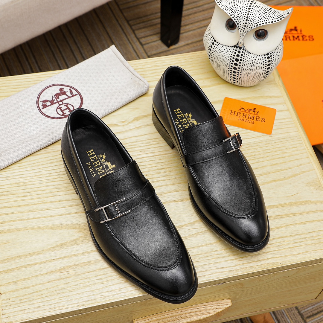 Hermes Men's Black Leather Loafers with Buckle Detail - Size 39-44