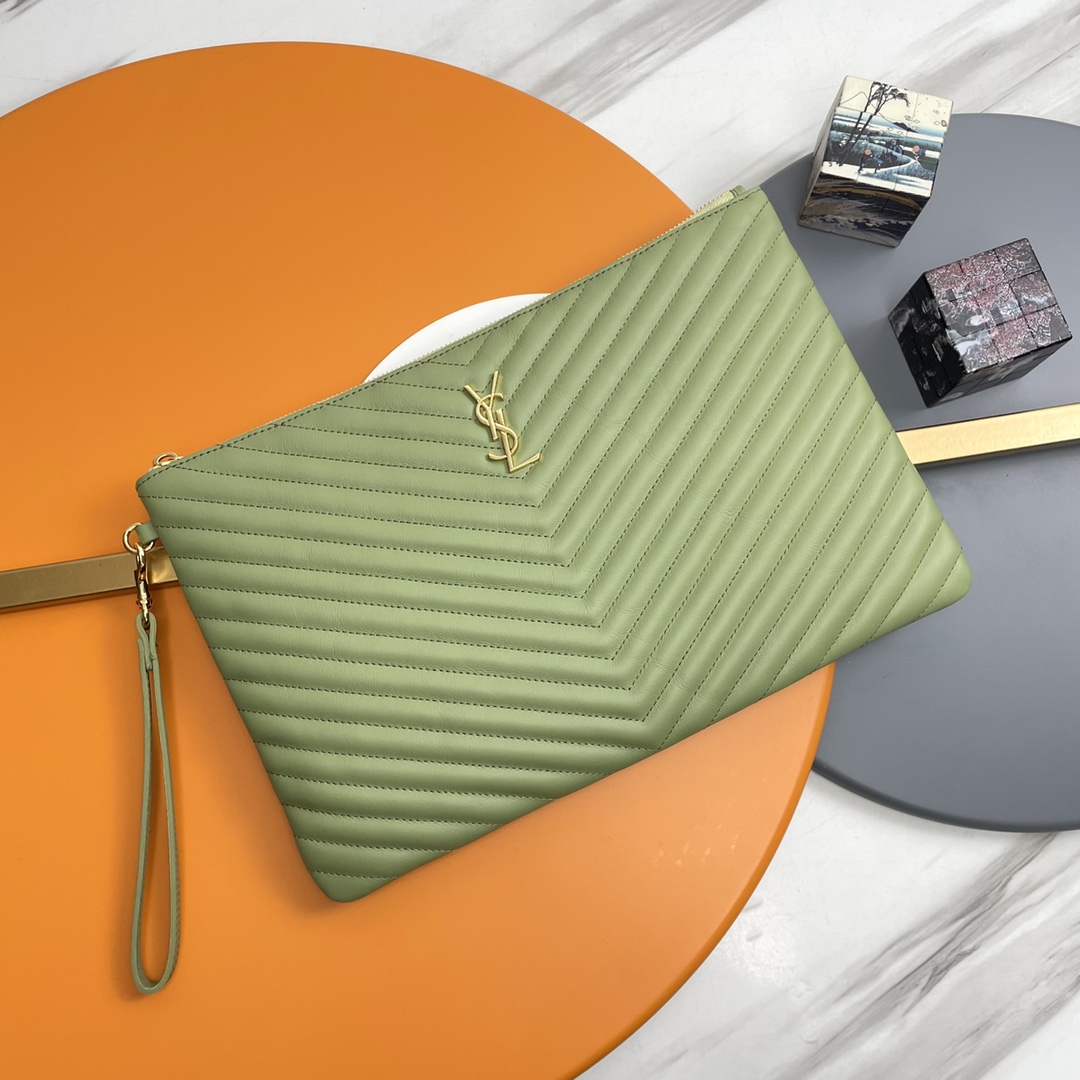 【Cartera de mano Saint Laurent 36cm】P Saint Laurent 𝑴𝒐𝒏𝒐𝒈𝒓𝒂𝒎_ Cartera de mano de fileteado jacquard, con cuero …
