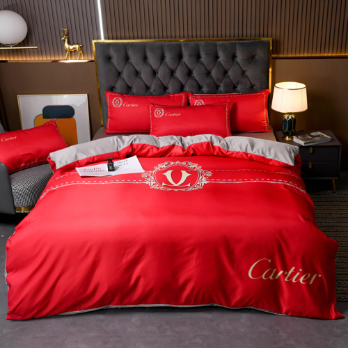 Luxury Red Silk Bedding Set with Elegant Cartier Embroidery - 4 Piece Set 1 Luxury Red Silk Bedding Set with Elegant Cartier Embroidery - 4 Piece Set
