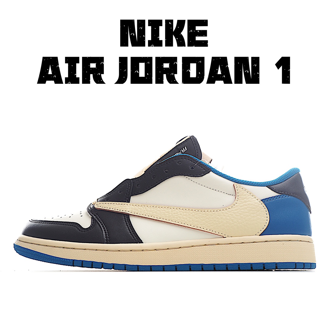 放店💰150 🟡白蓝黑倒钩DM7866-140 Travis Scott x Fragment x Air Jordan 1 Low“Military Blue” 闪电倒勾低帮 整鞋以白色为主，搭配黑曜石鞋头和大学蓝鞋跟两种色调共同构成，内侧黑色 Swoosh，外侧则是白色「倒钩」，最后与钩子呼应的白色中底和蓝色外底收尾。当然了，鞋跟诸如「闪电」、「鬼脸」、「Cactus Jack」以及飞翼标识等彰显联名的信息。 SIZE：36 36.5 37.5 38 38.5 39 40 40.5 41 42 42.5 43 44 44.5 45 46