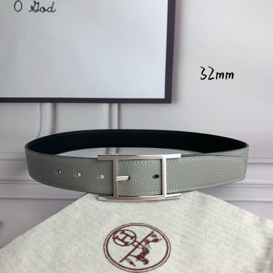 Hermès 爱马仕针扣皮带 原单品质 双面荔枝纹 黑+灰 32mm宽 双面可用 配官网H亮银扣