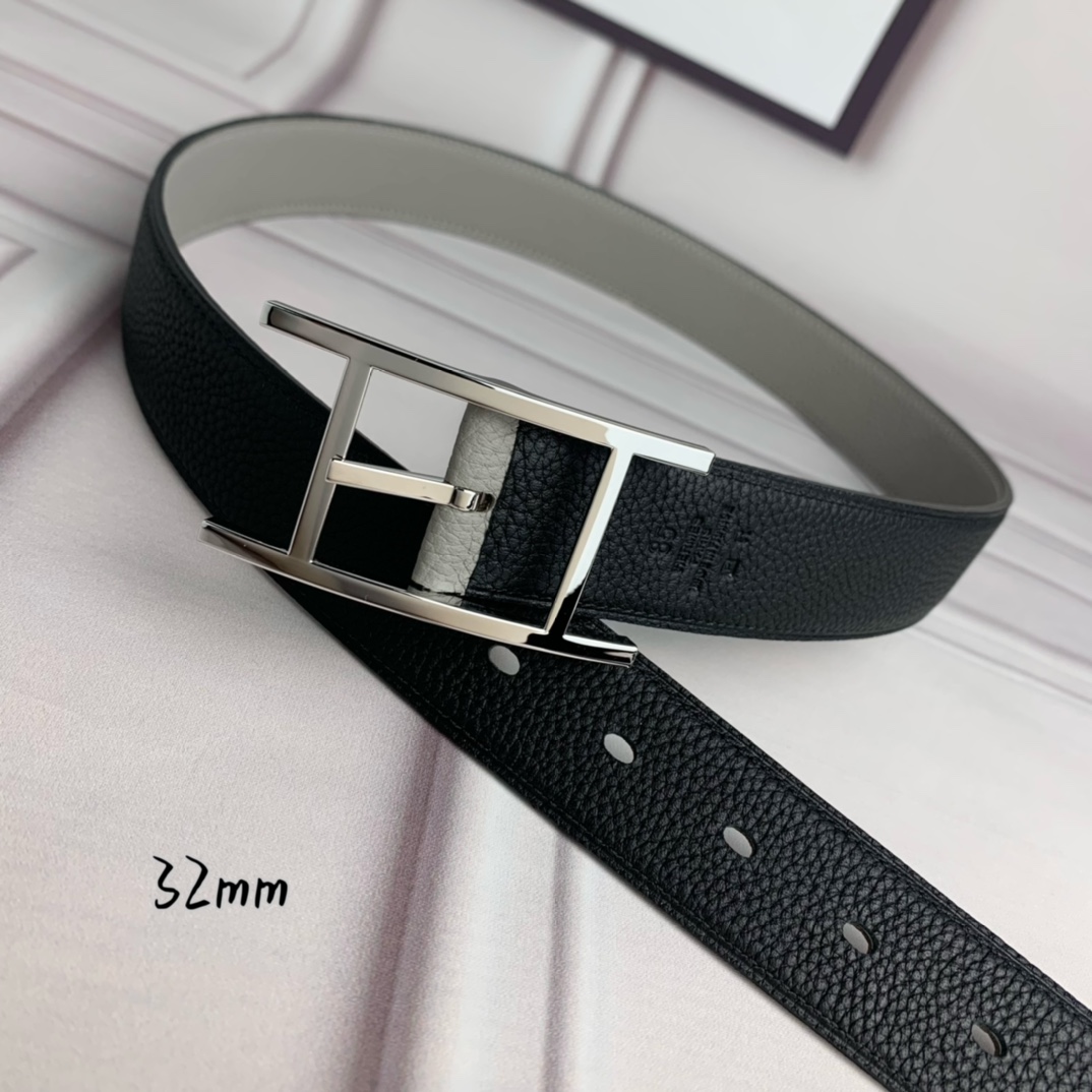 Hermès 爱马仕针扣皮带 原单品质 双面荔枝纹 黑+灰 32mm宽 双面可用 配官网H亮银扣