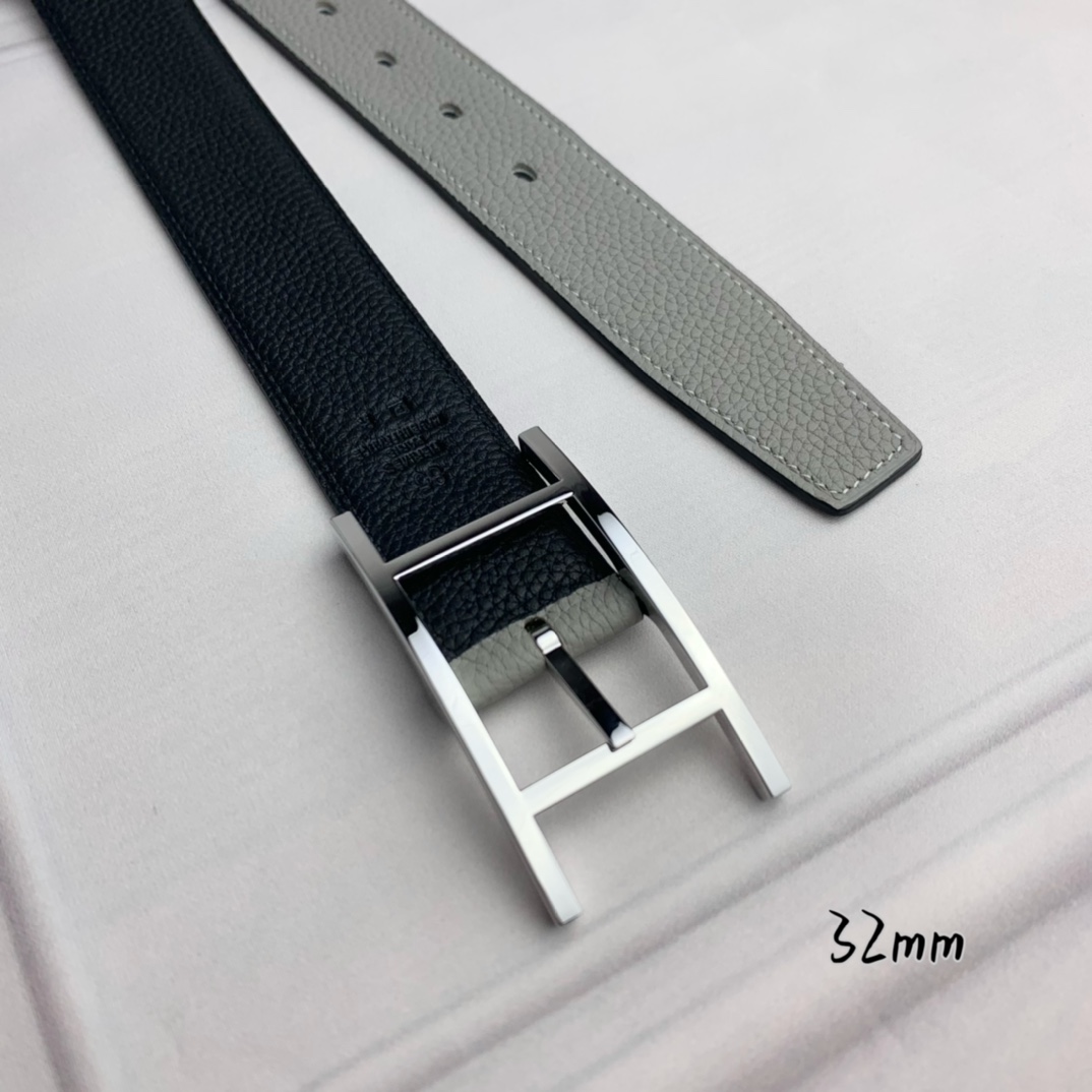 Hermès 爱马仕针扣皮带 原单品质 双面荔枝纹 黑+灰 32mm宽 双面可用 配官网H亮银扣
