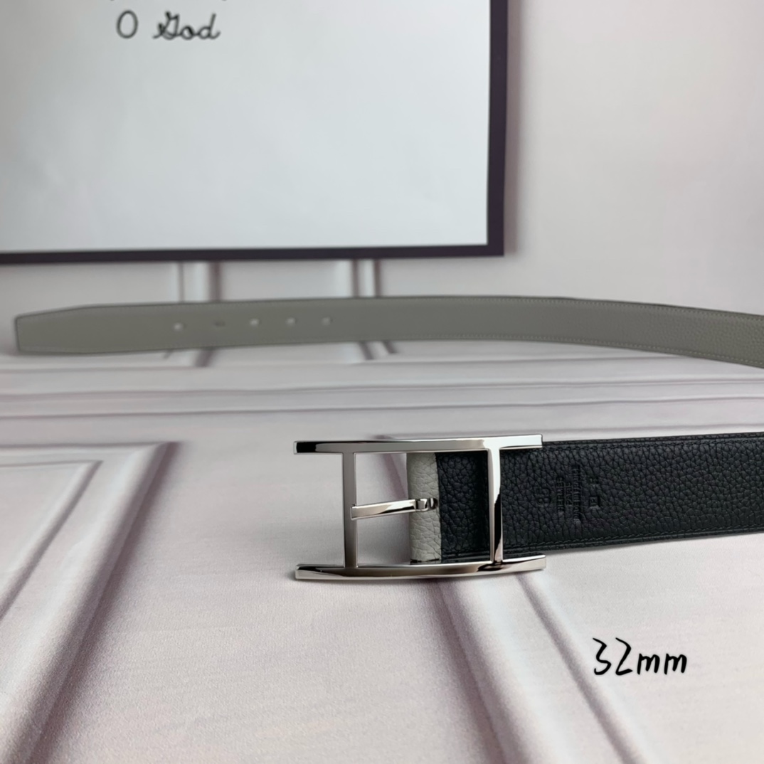 Hermès 爱马仕针扣皮带 原单品质 双面荔枝纹 黑+灰 32mm宽 双面可用 配官网H亮银扣