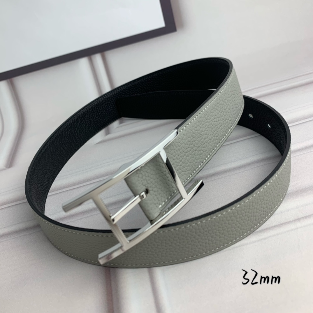 Hermès 爱马仕针扣皮带 原单品质 双面荔枝纹 黑+灰 32mm宽 双面可用 配官网H亮银扣