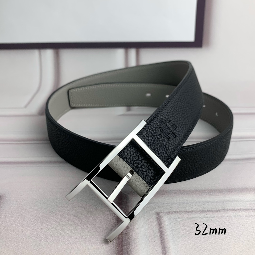 Hermès 爱马仕针扣皮带 原单品质 双面荔枝纹 黑+灰 32mm宽 双面可用 配官网H亮银扣