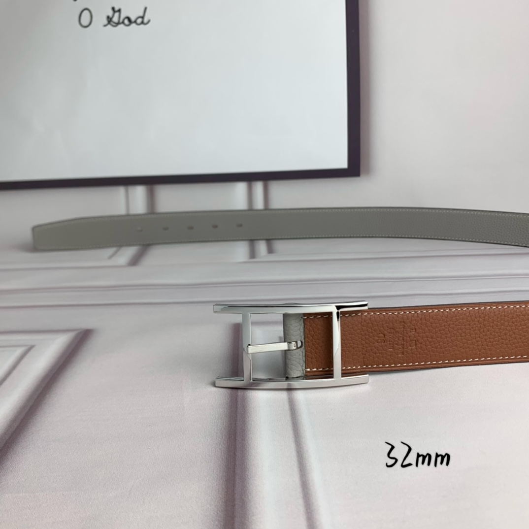 Hermès 爱马仕针扣皮带 原单品质 双面荔枝纹 土黄+灰 32mm宽 双面可用 配官网H亮银扣
