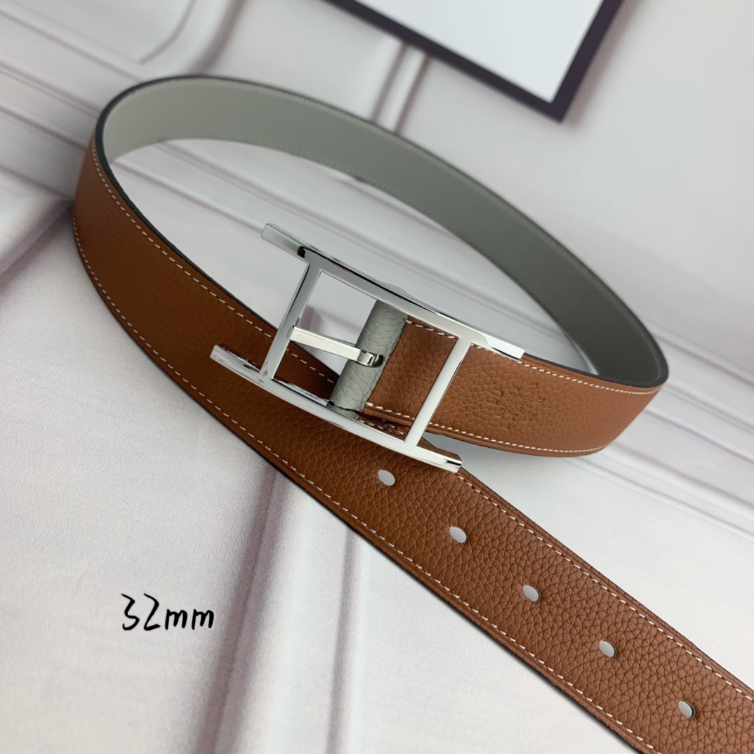 Hermès 爱马仕针扣皮带 原单品质 双面荔枝纹 土黄+灰 32mm宽 双面可用 配官网H亮银扣