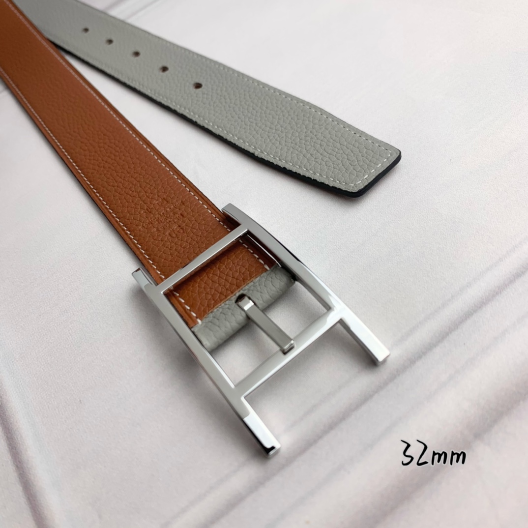 Hermès 爱马仕针扣皮带 原单品质 双面荔枝纹 土黄+灰 32mm宽 双面可用 配官网H亮银扣