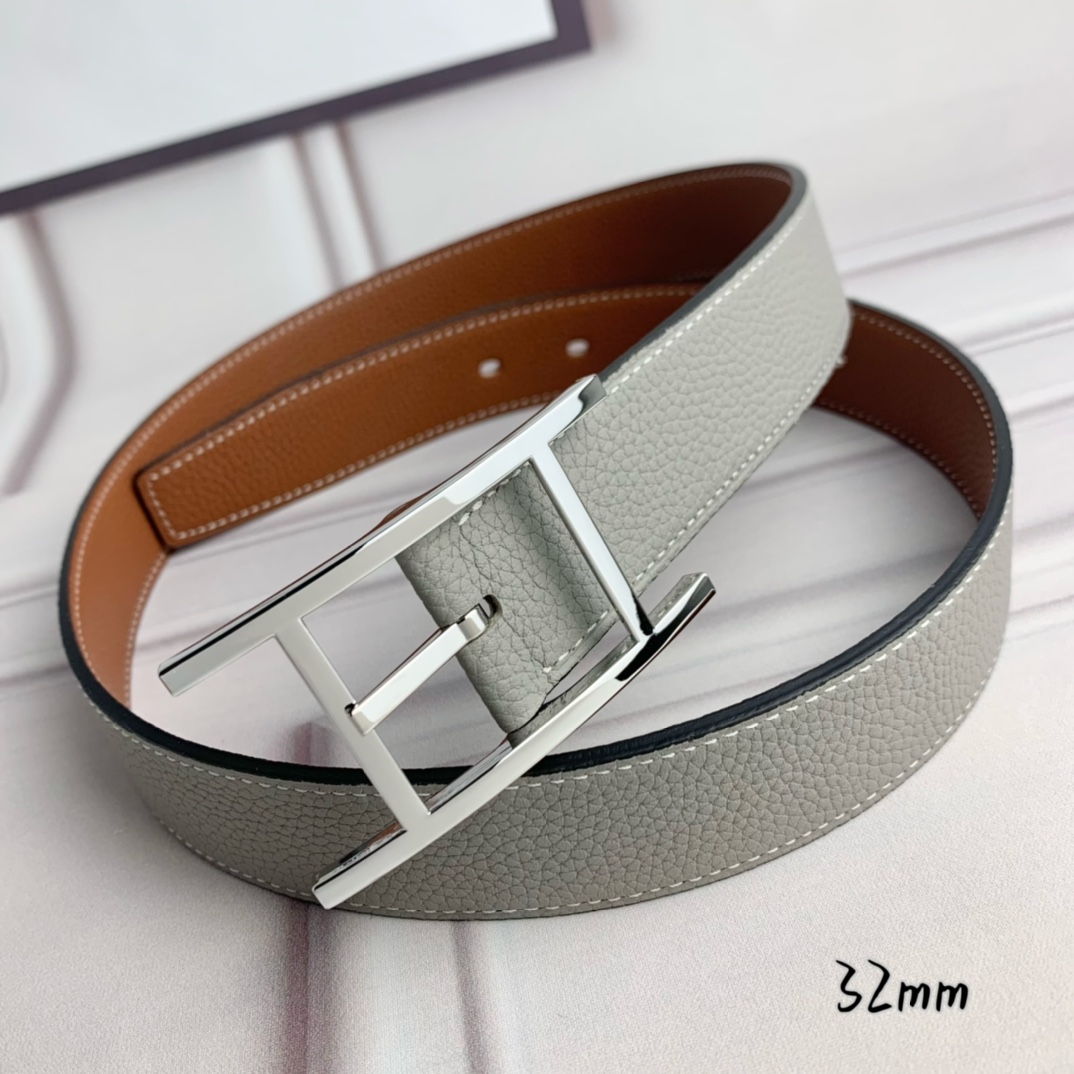Hermès 爱马仕针扣皮带 原单品质 双面荔枝纹 土黄+灰 32mm宽 双面可用 配官网H亮银扣