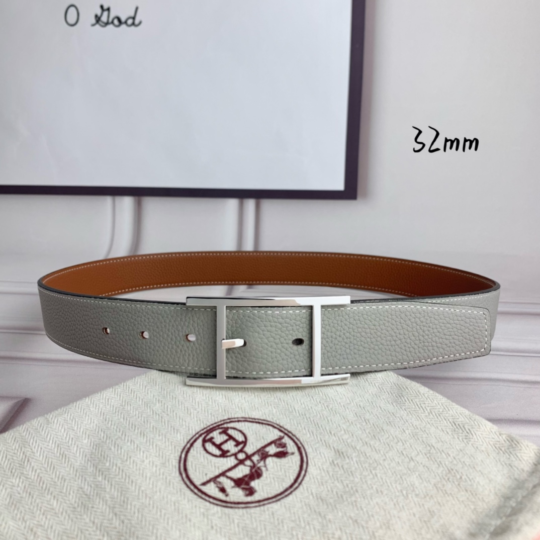 Hermès 爱马仕针扣皮带 原单品质 双面荔枝纹 土黄+灰 32mm宽 双面可用 配官网H亮银扣