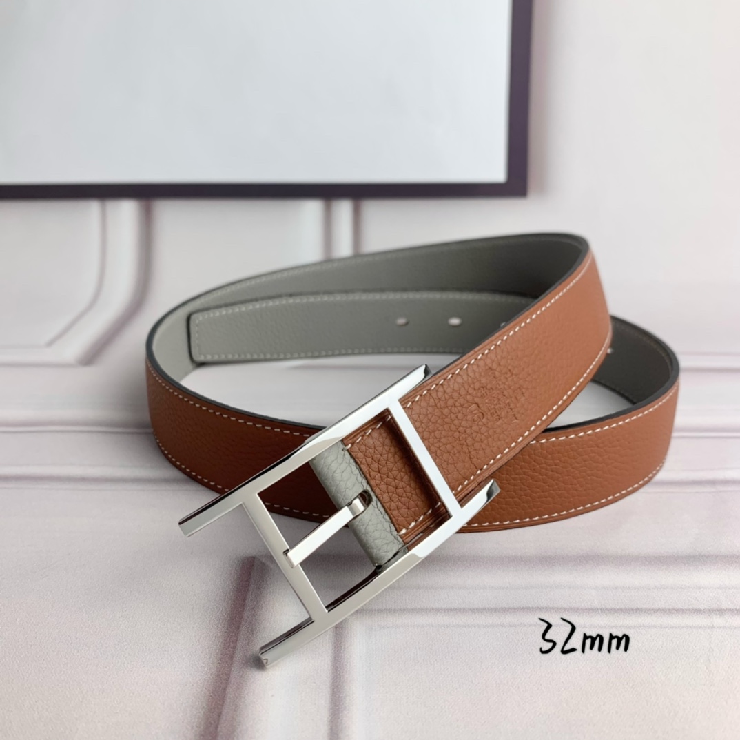 Hermès 爱马仕针扣皮带 原单品质 双面荔枝纹 土黄+灰 32mm宽 双面可用 配官网H亮银扣