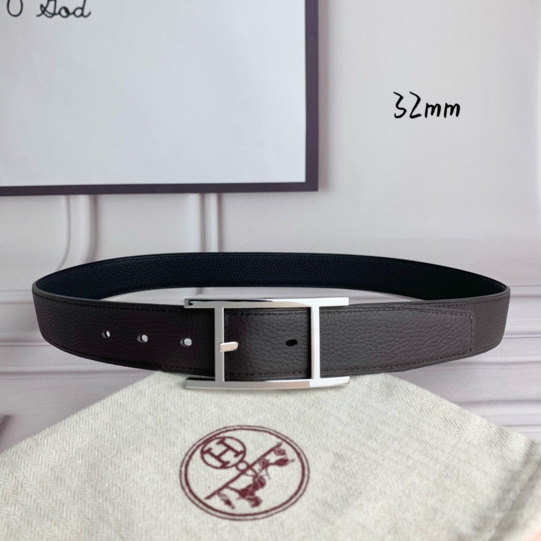 Hermès 爱马仕针扣皮带 原单品质 双面荔枝纹 黑+咖啡 32mm宽 双面可用 配官网H亮银扣
