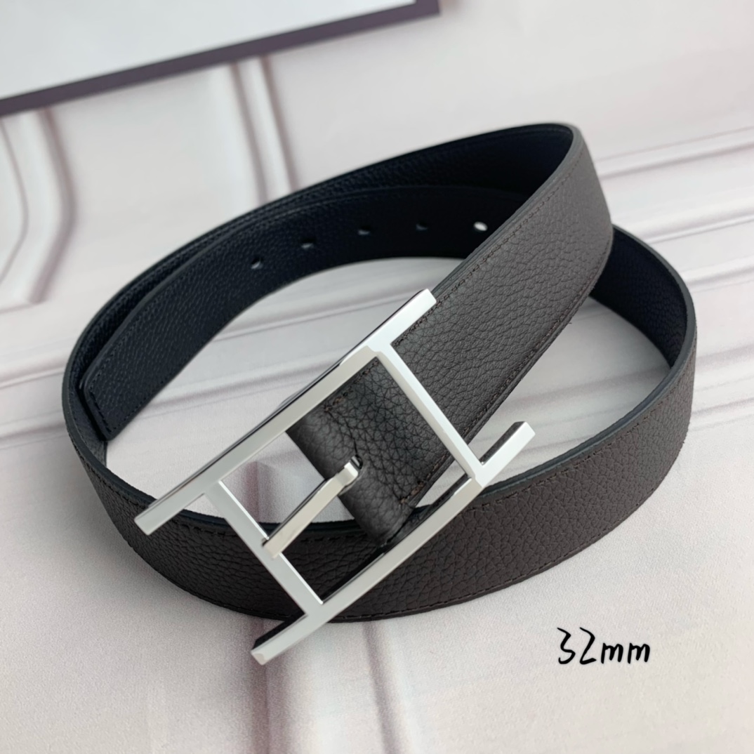 Hermès 爱马仕针扣皮带 原单品质 双面荔枝纹 黑+咖啡 32mm宽 双面可用 配官网H亮银扣