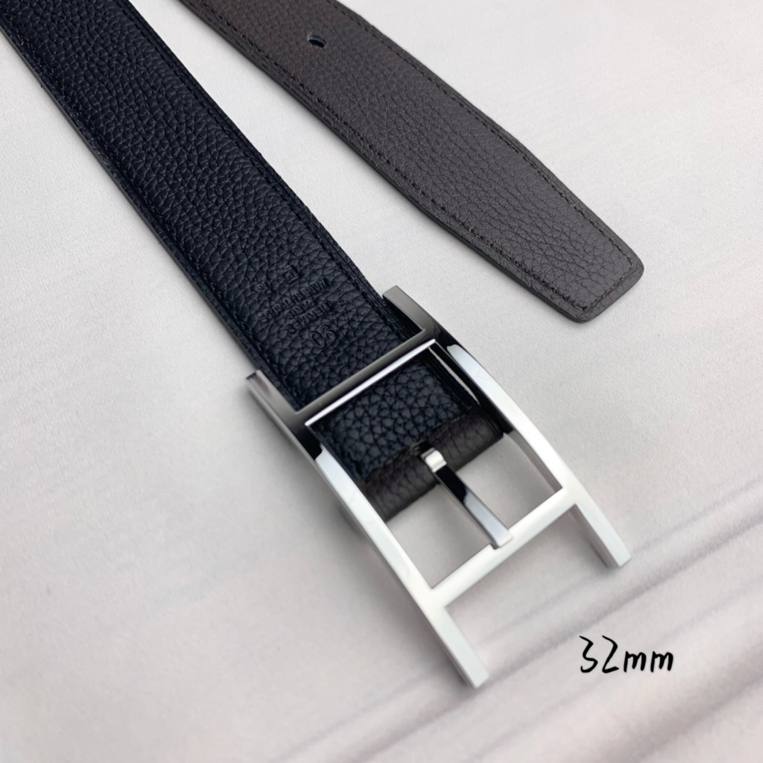 Hermès 爱马仕针扣皮带 原单品质 双面荔枝纹 黑+咖啡 32mm宽 双面可用 配官网H亮银扣