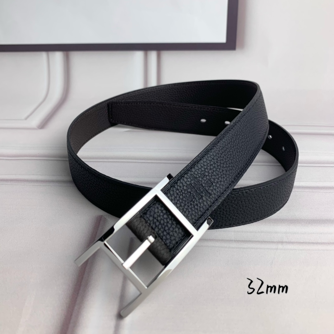 Hermès 爱马仕针扣皮带 原单品质 双面荔枝纹 黑+咖啡 32mm宽 双面可用 配官网H亮银扣