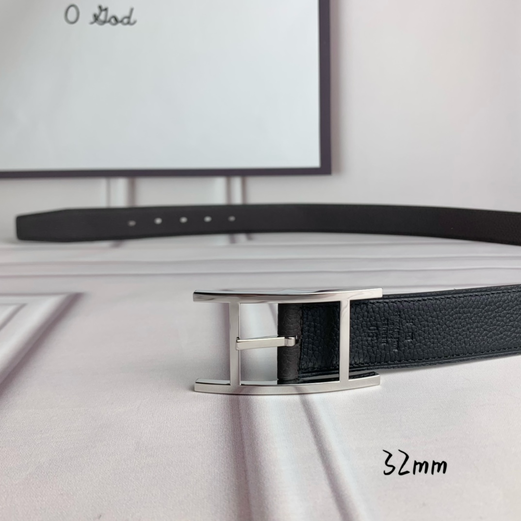 Hermès 爱马仕针扣皮带 原单品质 双面荔枝纹 黑+咖啡 32mm宽 双面可用 配官网H亮银扣