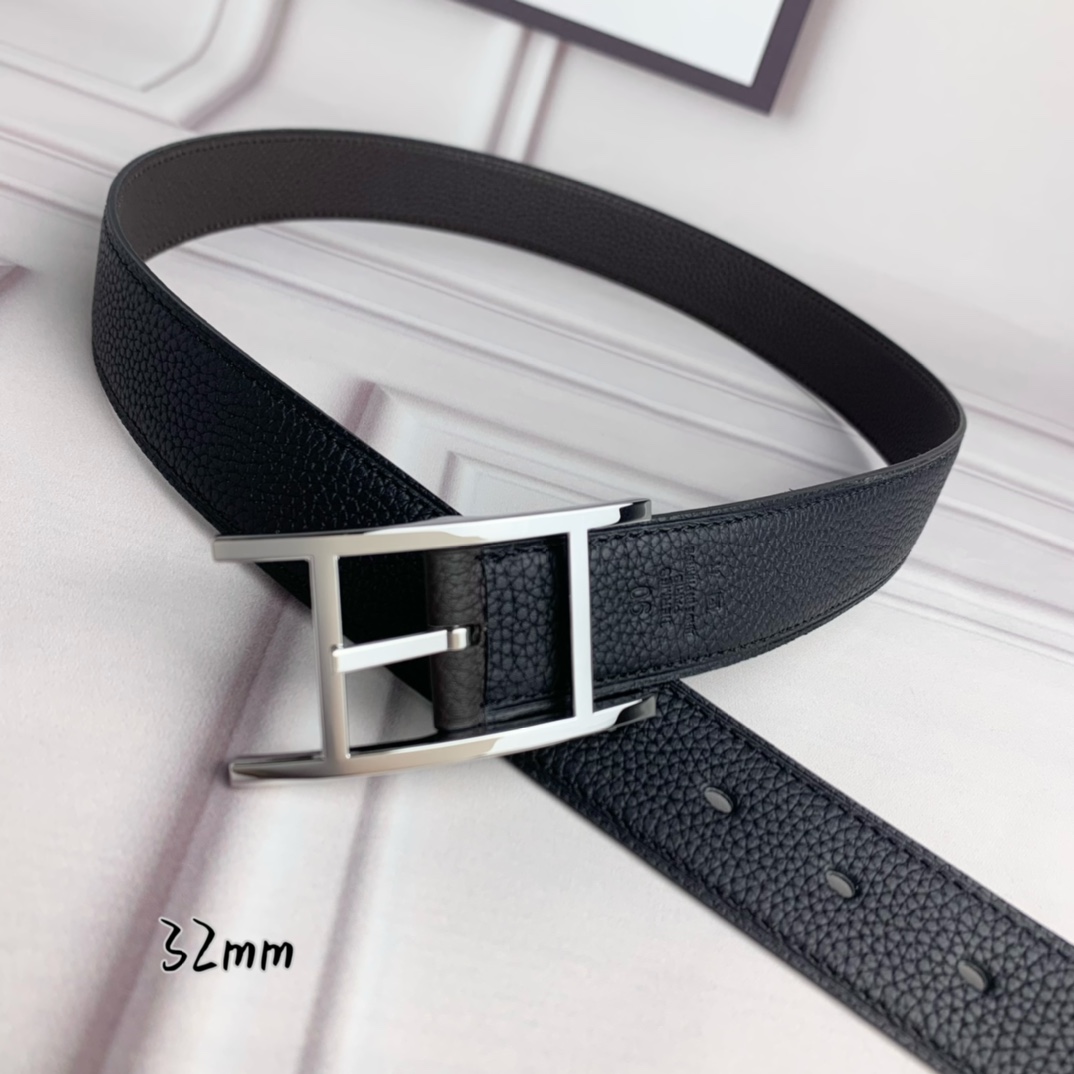 Hermès 爱马仕针扣皮带 原单品质 双面荔枝纹 黑+咖啡 32mm宽 双面可用 配官网H亮银扣